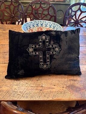 Black Velvet Decorative Pillow with Embroidered Cross pillow
